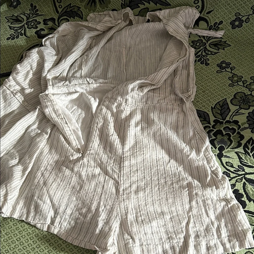 Zara Basic White and Black Striped wrap tie linen romper/jumpsuit